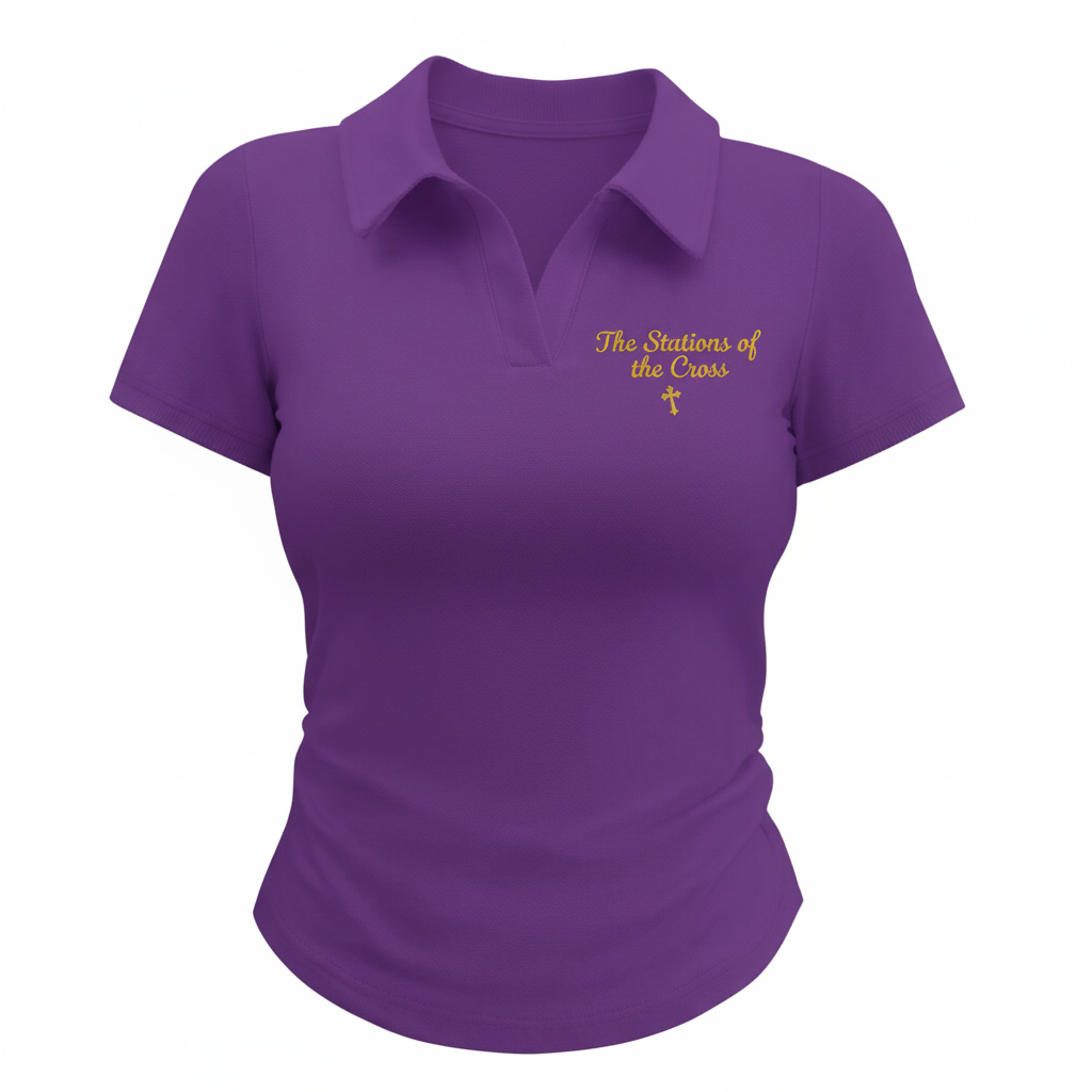 FIRST STATION Polo - Front view with The Stations of the Cross embroidery on left chest