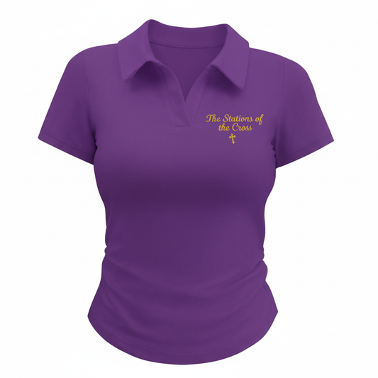 FIRST STATION Polo - Front view with The Stations of the Cross embroidery on left chest